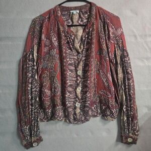 Nostalgia Paisley Boho Peasant Blouse Women's Large Burgundy Long Sleeve